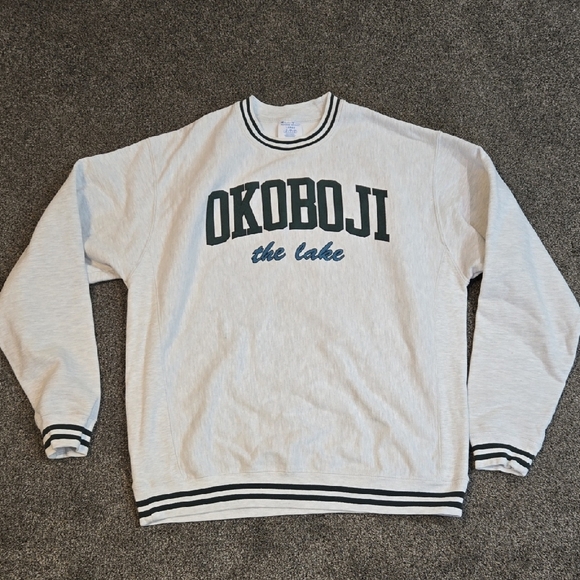 Vintage Champion Mens Okoboji The Lake Reverse Weave 90" Crewneck Pullover Sz L - Picture 1 of 7